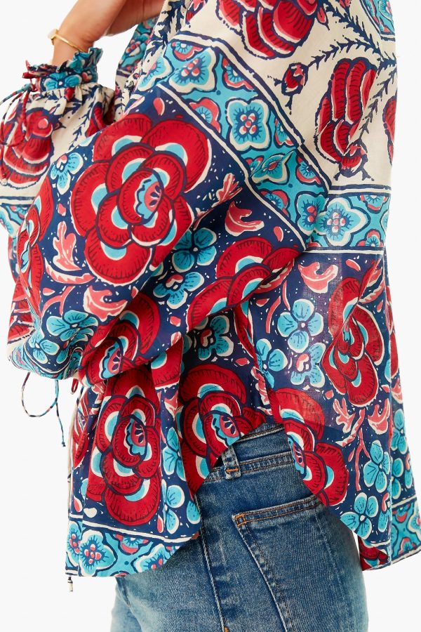 Blue Multi Floral Tie Sleeve Blouse For Discount