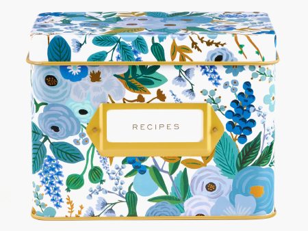 Garden Party Blue Tin Recipe Box Hot on Sale