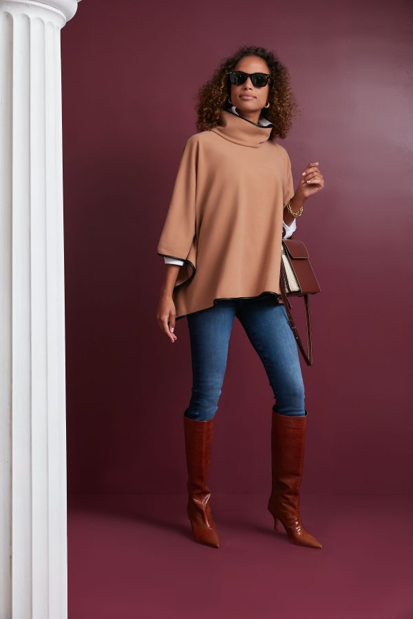 Camel Leather Trim Funnel Neck Piper Poncho Online Sale