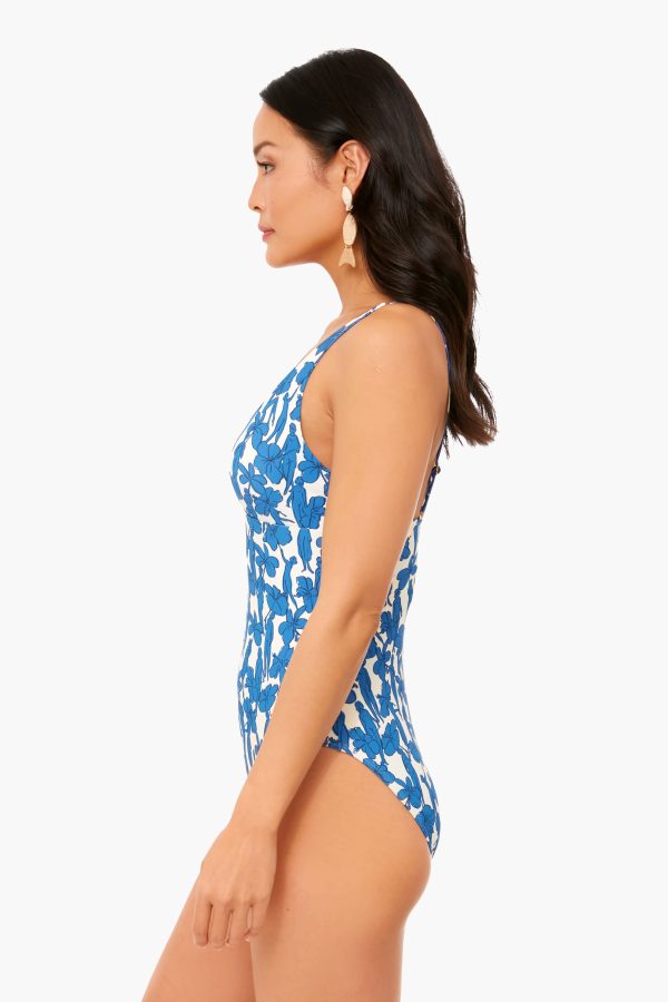 Blue Hibiscus Printed Knot One-Piece Cheap