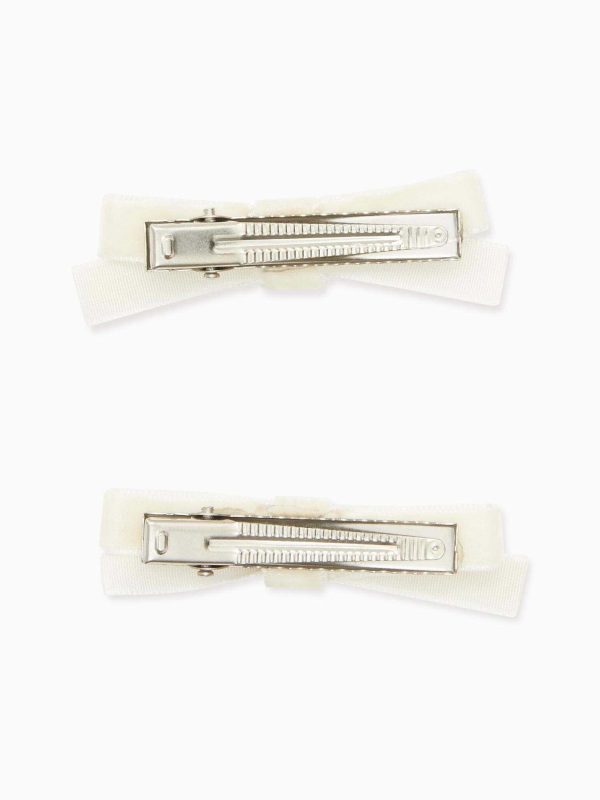 White Small Velvet Bow Clips Set of 2 Online now