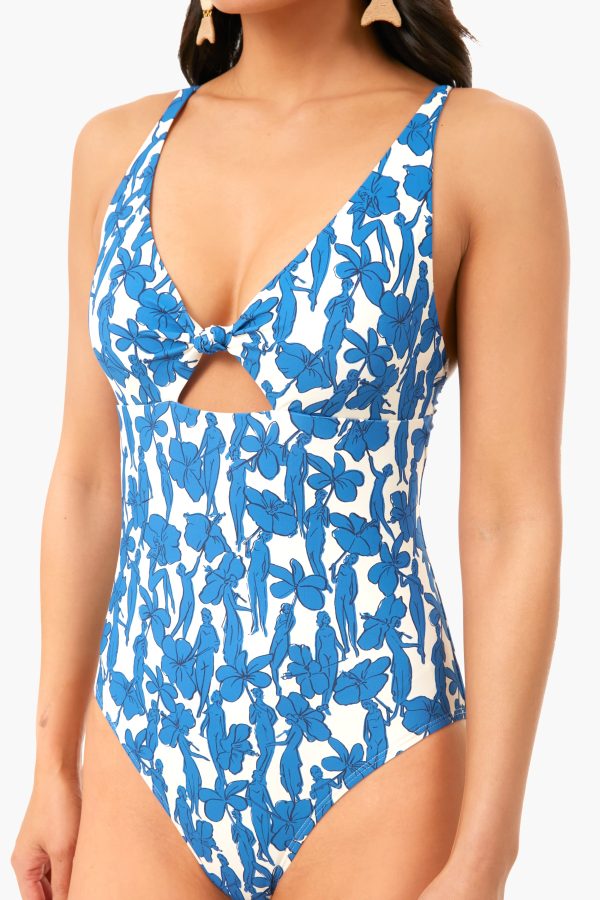 Blue Hibiscus Printed Knot One-Piece Cheap