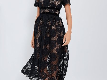 Black Lace Velvet Bow Midi Dress Online now