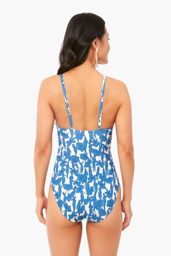 Blue Hibiscus Printed Knot One-Piece Cheap