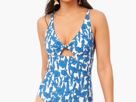 Blue Hibiscus Printed Knot One-Piece Cheap