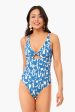 Blue Hibiscus Printed Knot One-Piece Cheap