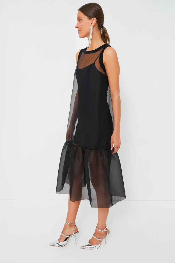 Black Midi Organza Ribbed Dress Sale