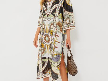 Navy Sundial Printed Linen Caftan Hot on Sale