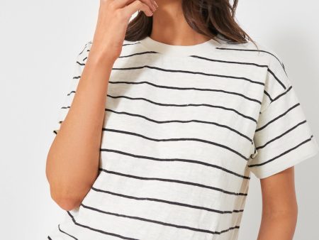 White and Black Stripe Heavy Slub Boxy Crew Crop Tee Online now