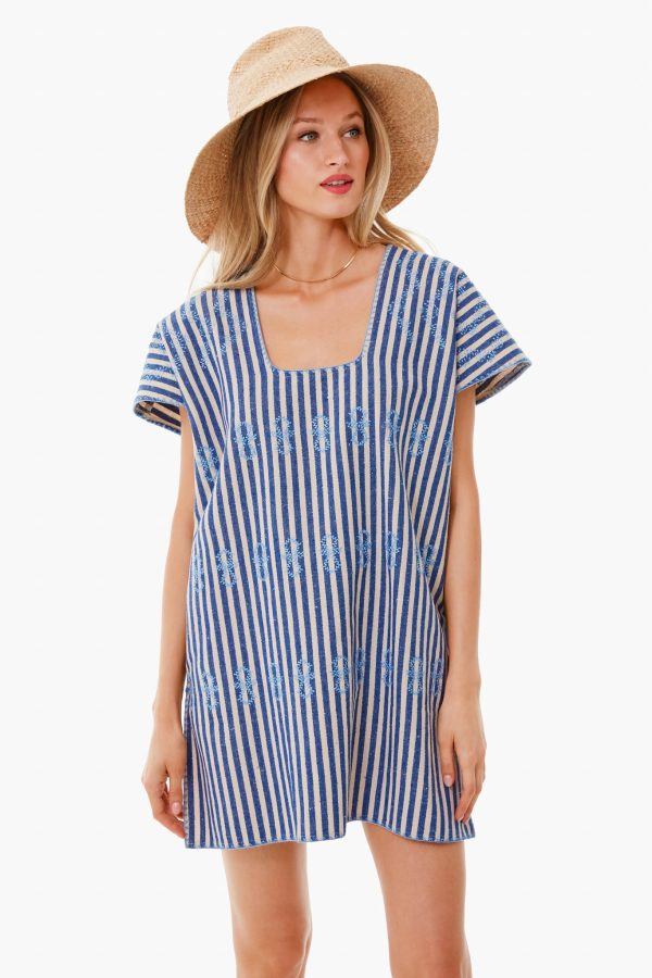 Blue Stripe Mini Sullivan Embroidered Canvas Caftan For Sale