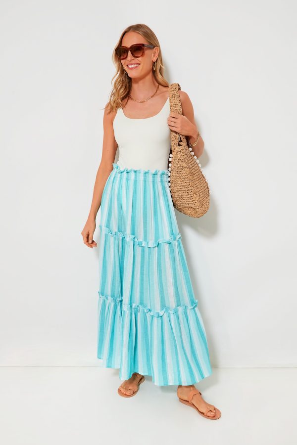 Aquamarine Stripe Gauze Prado Skirt For Sale