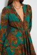 Artsy Leopards Green Long Sleeve V Neckline Maxi Dress Supply