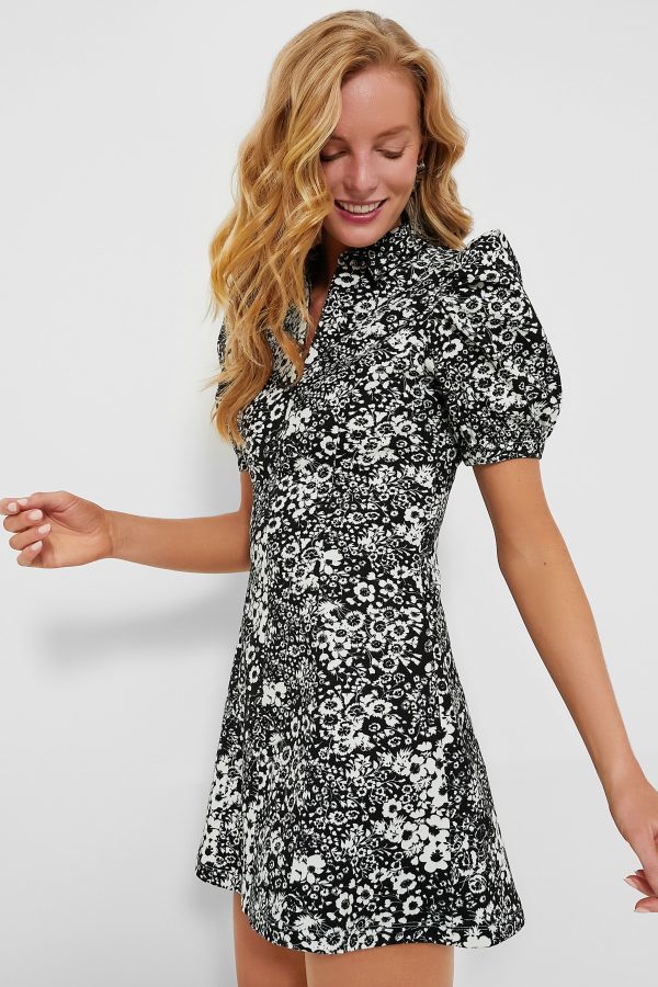 Black Floral Front Zip Chrysanthemum Mini Dress Supply