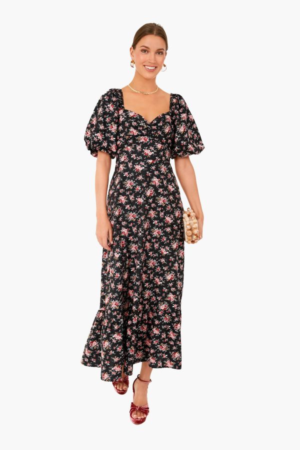 Black Floral Seaport Midi Dress For Sale