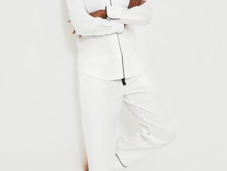 White Pajama Set with Navy Piping Online Sale