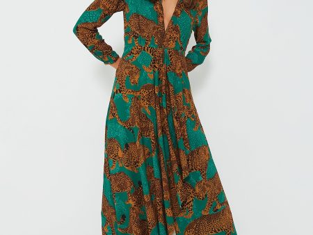 Artsy Leopards Green Long Sleeve V Neckline Maxi Dress Supply