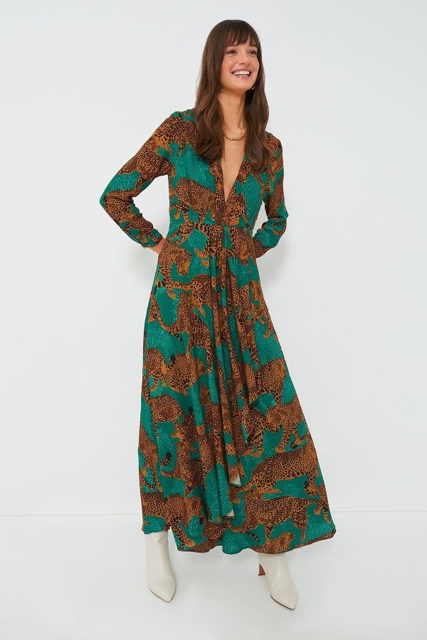 Artsy Leopards Green Long Sleeve V Neckline Maxi Dress Supply