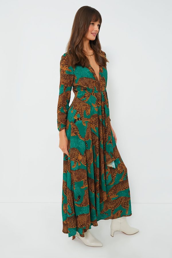 Artsy Leopards Green Long Sleeve V Neckline Maxi Dress Supply