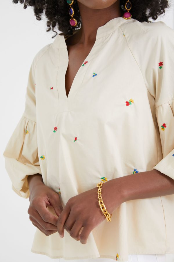 Tan Embroidered Blooms Blouse Fashion