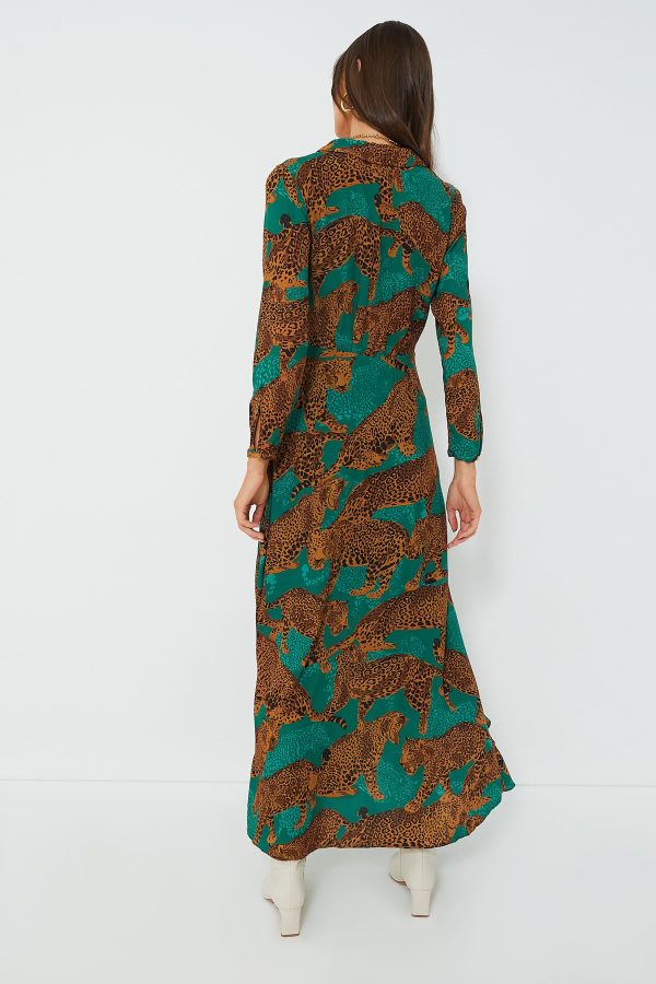 Artsy Leopards Green Long Sleeve V Neckline Maxi Dress Supply