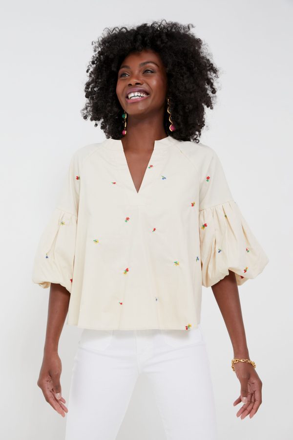 Tan Embroidered Blooms Blouse Fashion