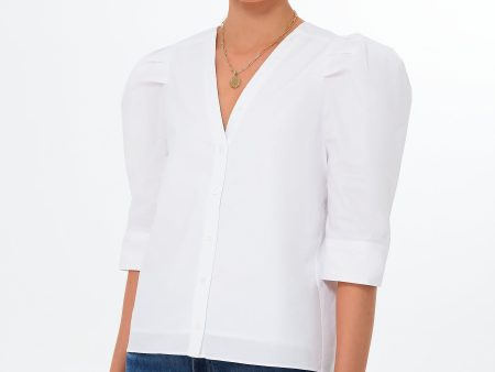 White V-Neck Puff Sleeve Kit Blouse Cheap