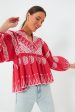 Soleil Red Mandarin Balloon Sleeve Top For Discount