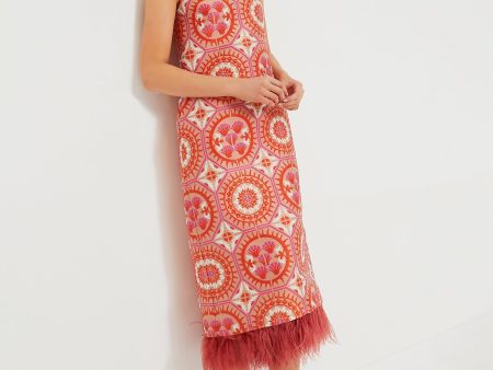 Sun Jacquard Column Dress with Feathers Online Sale