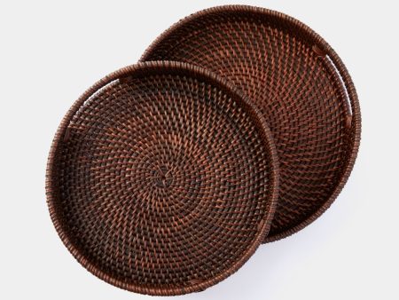 Dark Brown Rattan Round Trays Set of 2 Sale