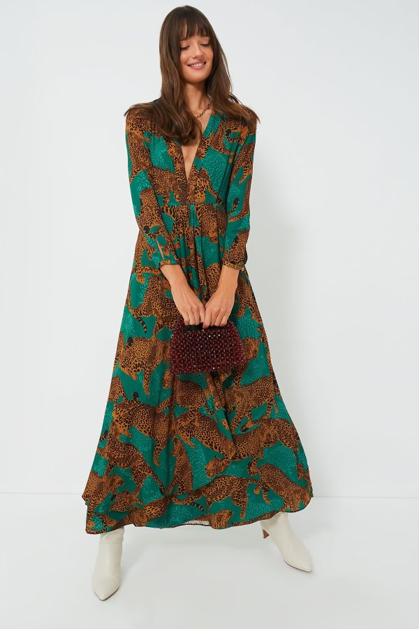 Artsy Leopards Green Long Sleeve V Neckline Maxi Dress Supply