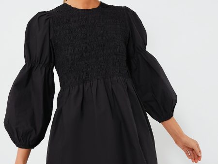 Black Cotton Poplin Mini Smock Dress on Sale