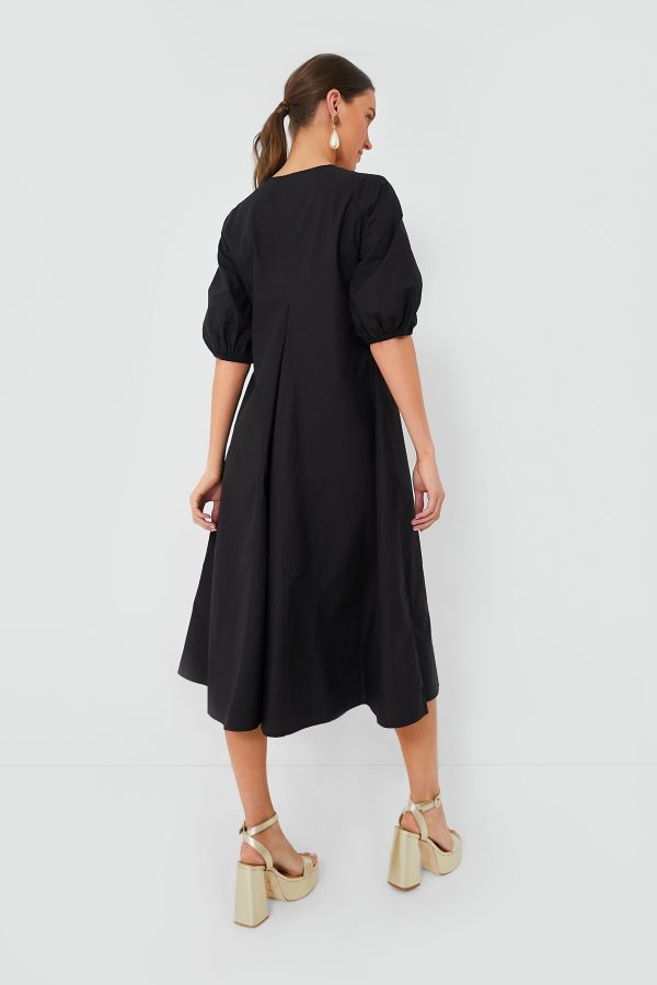 Black Cotton Poplin V-Neck Long Dress Online now