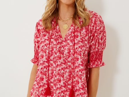 Red and Pink Floral V-Neck Colleen Blouse For Cheap