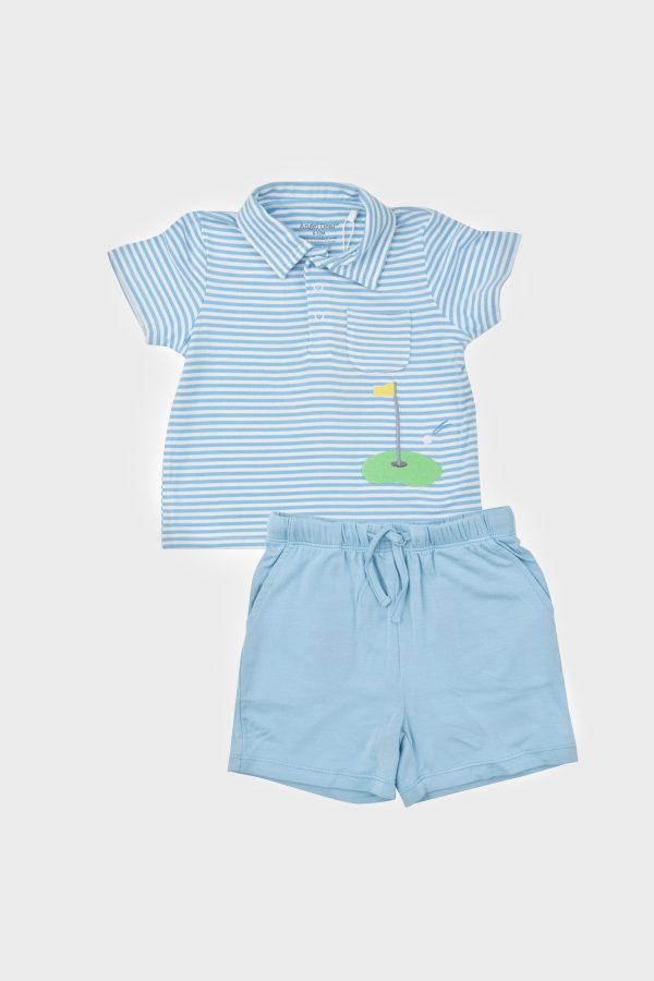 Blue Stripe Golf Polo Shirt and Short Set For Cheap