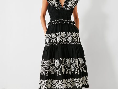 Black Beck Embroidery Flutter Sleeve V-Neck Dress Hot on Sale