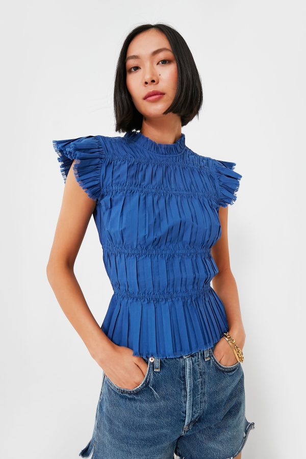 Blue Greir Pleating Flutter Sleeve Top Sale