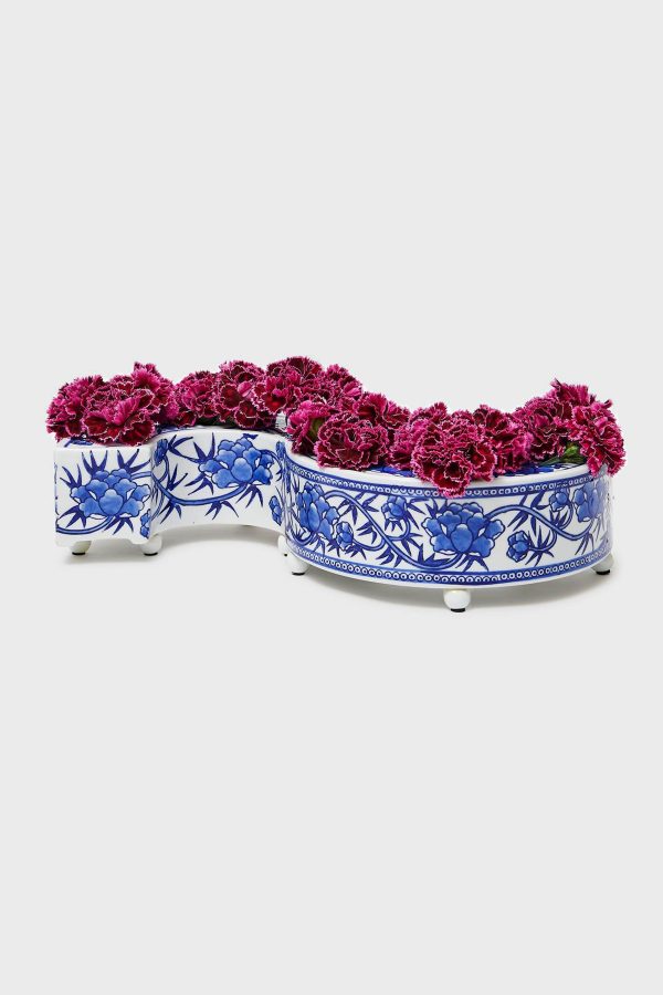 Blue and White 3 Piece Hand-Painted Floral Arranger For Cheap