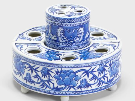 Blue and White 3 Piece Hand-Painted Floral Arranger For Cheap