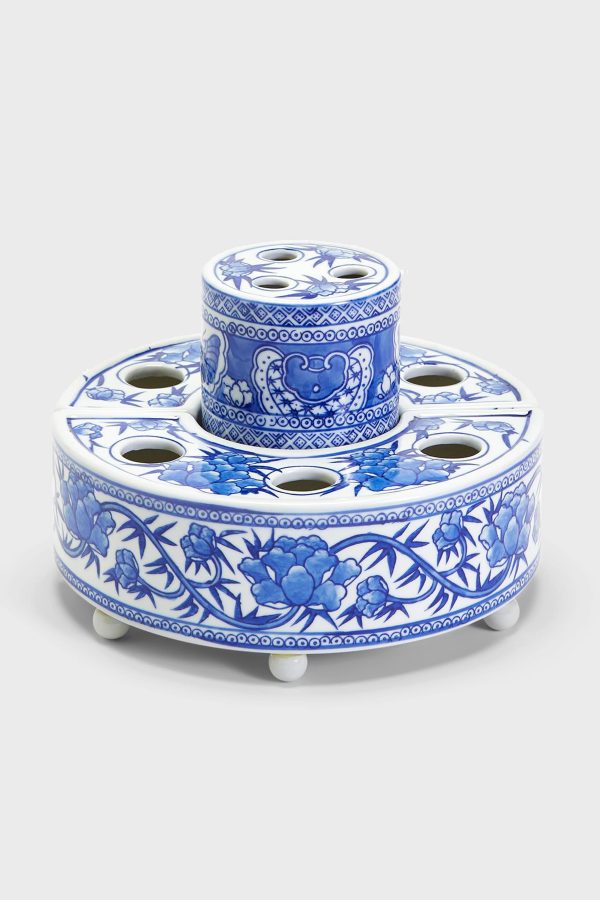 Blue and White 3 Piece Hand-Painted Floral Arranger For Cheap