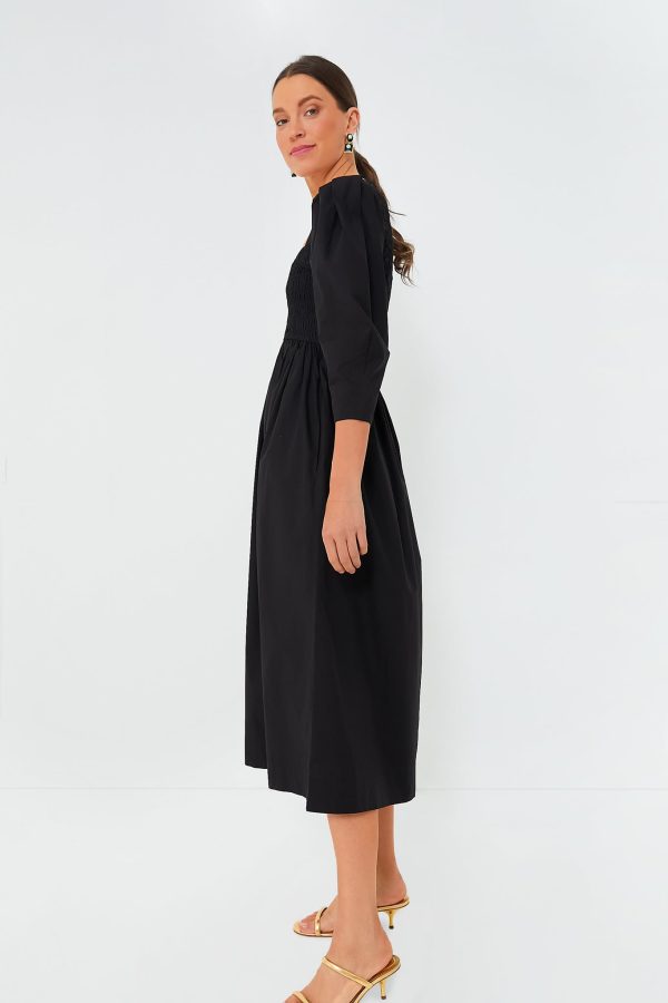 Black Cotton Poplin Open-Neck Smock Long Dress Online Hot Sale