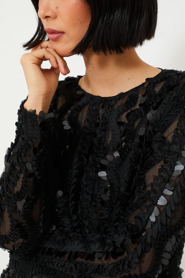 Black Sheer Sequined Long Sleeve Sutton Blouse Online now