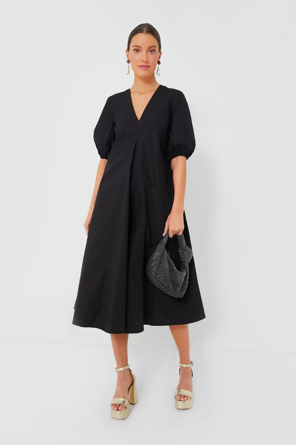 Black Cotton Poplin V-Neck Long Dress Online now