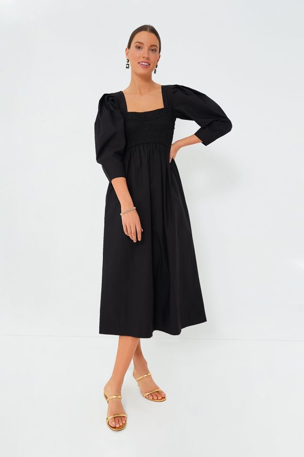 Black Cotton Poplin Open-Neck Smock Long Dress Online Hot Sale