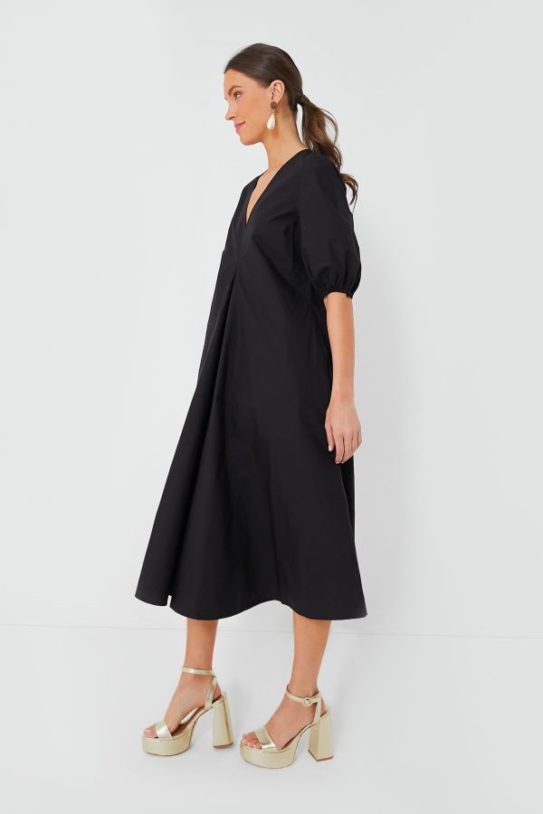 Black Cotton Poplin V-Neck Long Dress Online now