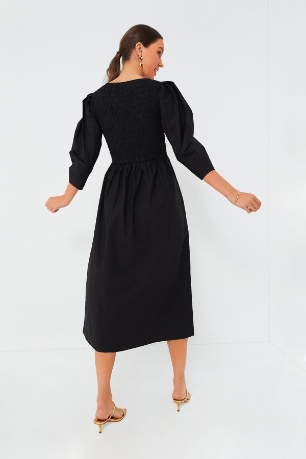 Black Cotton Poplin Open-Neck Smock Long Dress Online Hot Sale