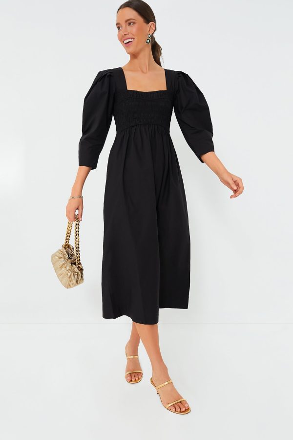 Black Cotton Poplin Open-Neck Smock Long Dress Online Hot Sale