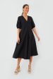 Black Cotton Poplin V-Neck Long Dress Online now