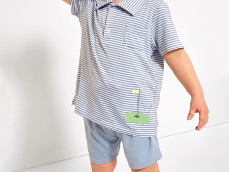 Blue Stripe Golf Polo Shirt and Short Set For Cheap