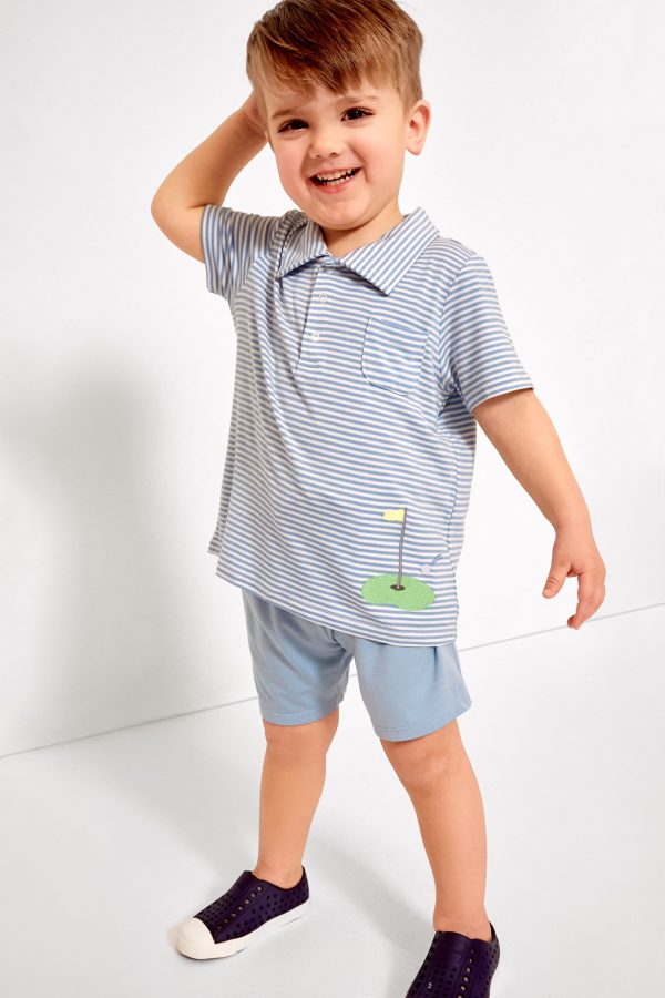 Blue Stripe Golf Polo Shirt and Short Set For Cheap