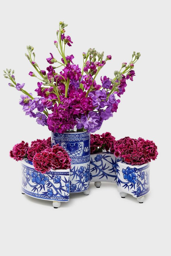 Blue and White 3 Piece Hand-Painted Floral Arranger For Cheap